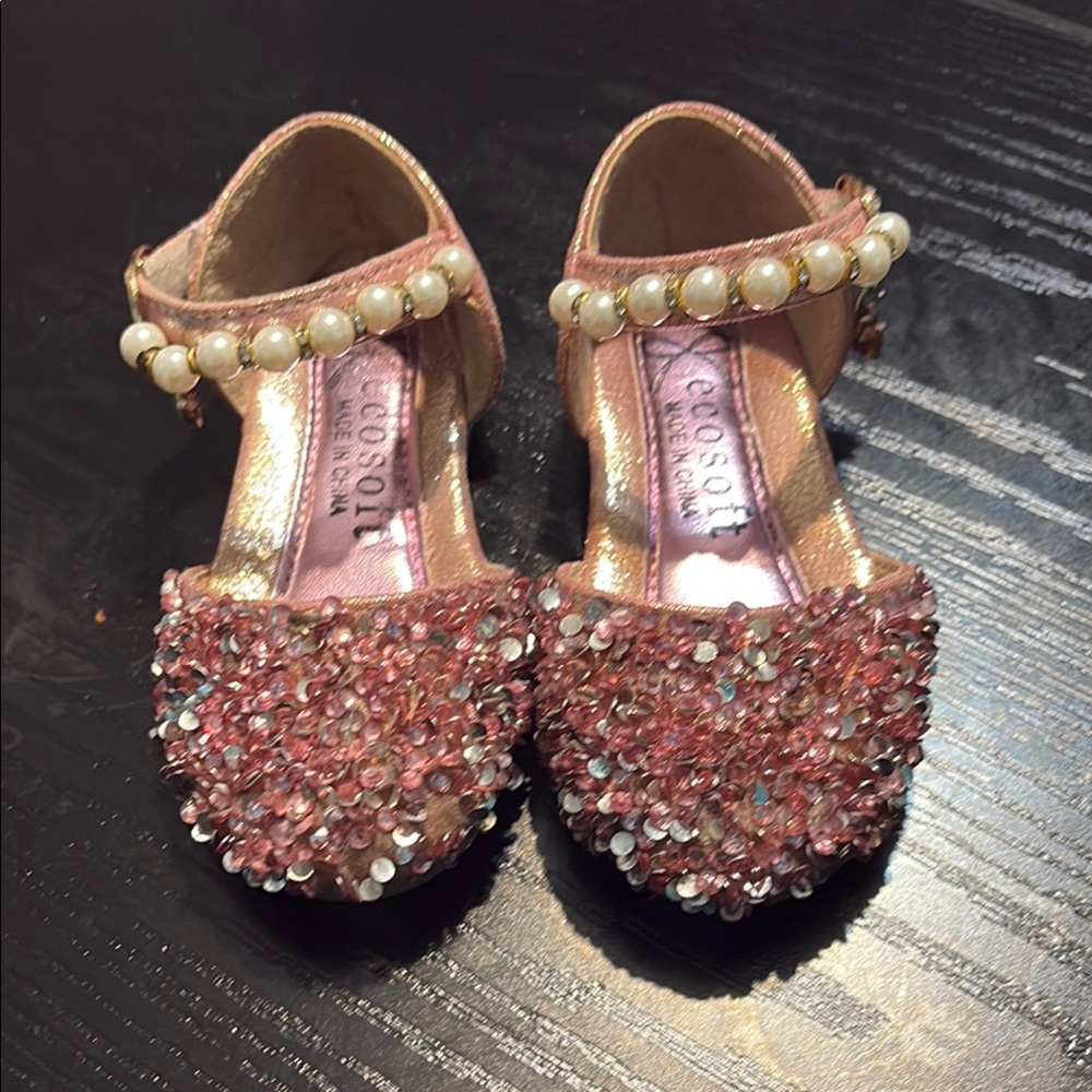 Pink and Gold Glitter Dress Shoes with Ankle Strap